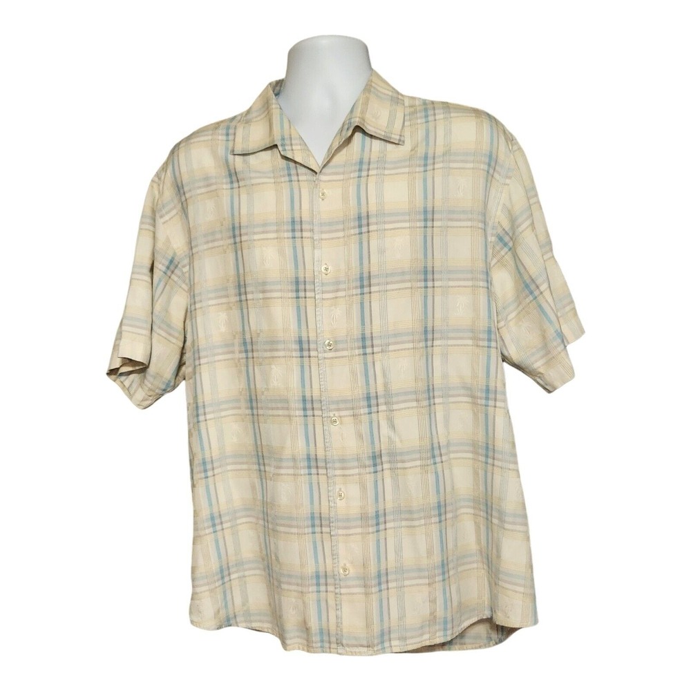 Mens Silk Cotton Plaid Palm Tree Jacquard Short Sleeve Button Down‎ Shirt XL